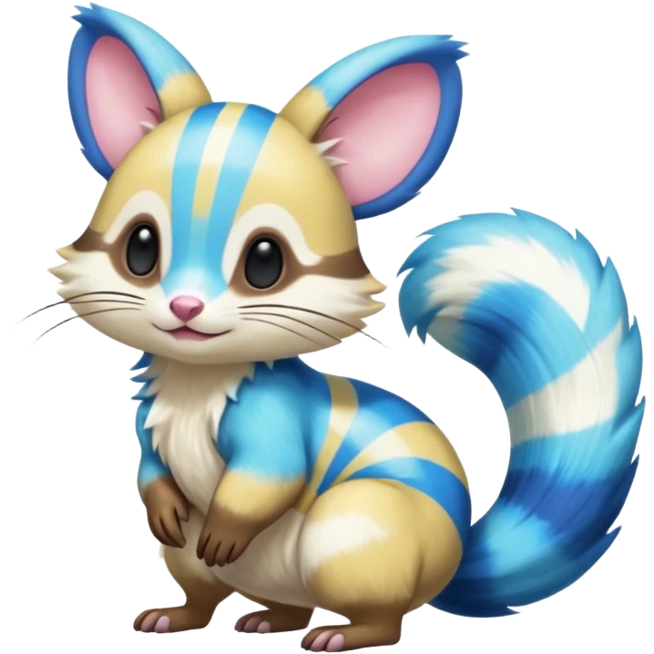 Neon-yellow and neon-cobalt-blue- and cyan-gradients-striped Furret-Emolga-Genet-Cacomistl-hybrid-fusion (full body) emoji