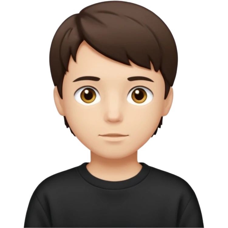 A brunette boy, short straight hair, light brown eyes, with a black sweatshirt emoji