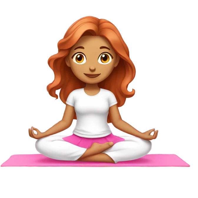 Girl with medium length wavy copper hair wearing white shirt and pink skirt doing yoga on pink yoga mat emoji