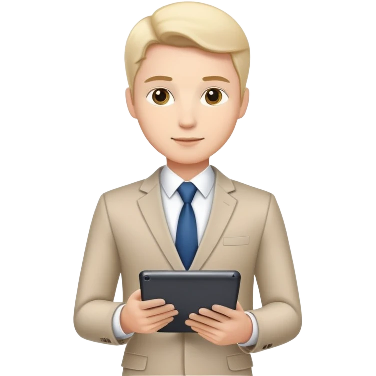 business executive confidently, holding a digital tablet or folder, wears smart business attire emoji