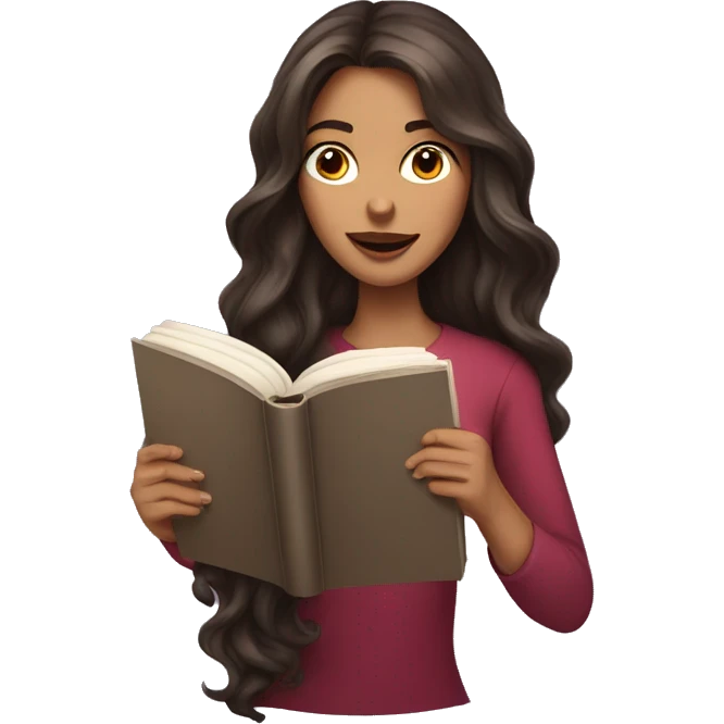brunette long wavy hair woman biting lip while holding and reading book emoji