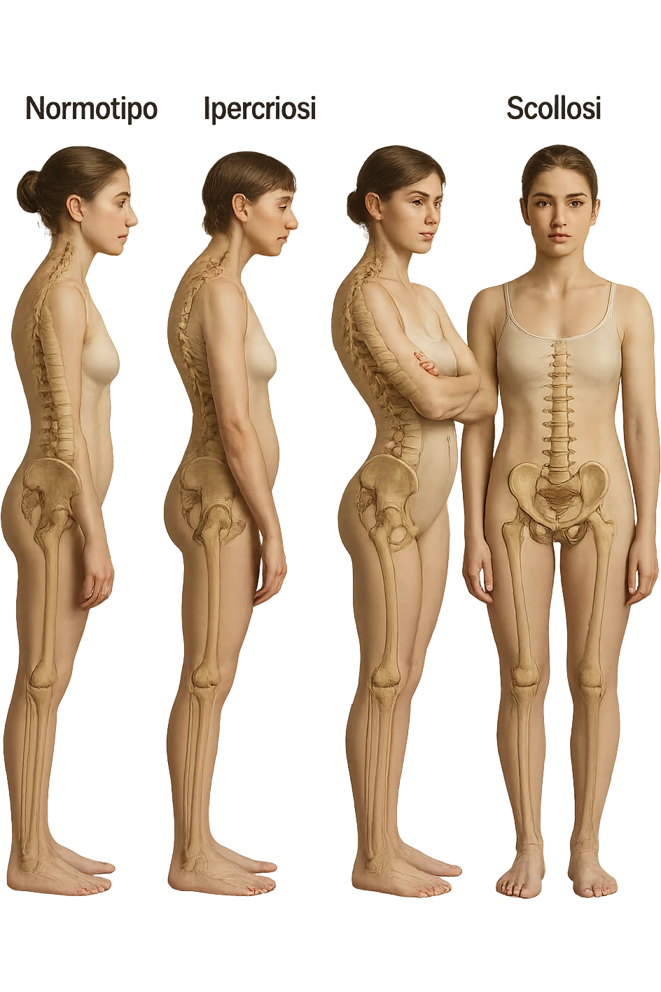 fai un immagine identica che riguarda 3 posture scorrette: scoliosi, ipercifosi e iperlordosi. falla iperrealistica anatomica in 4k con spina dorsale storta in evidenza su ogni figura emoji