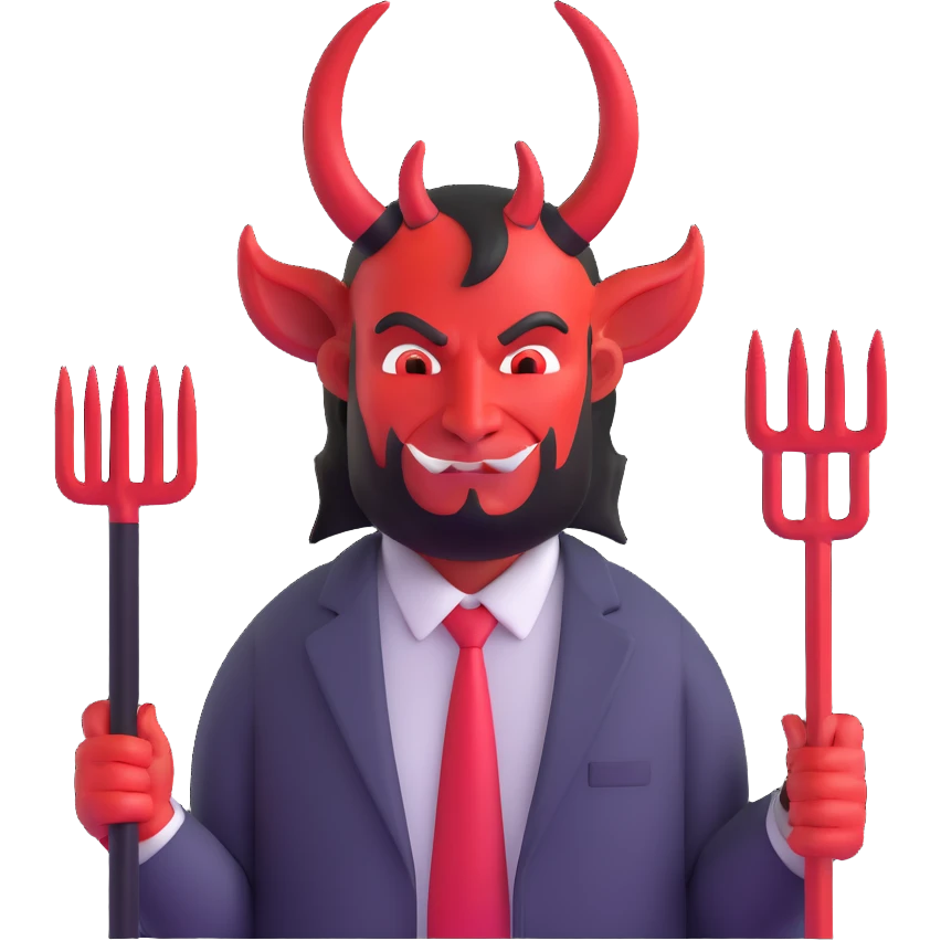 devil businessman with horns and pitchfork selling online courses emoji