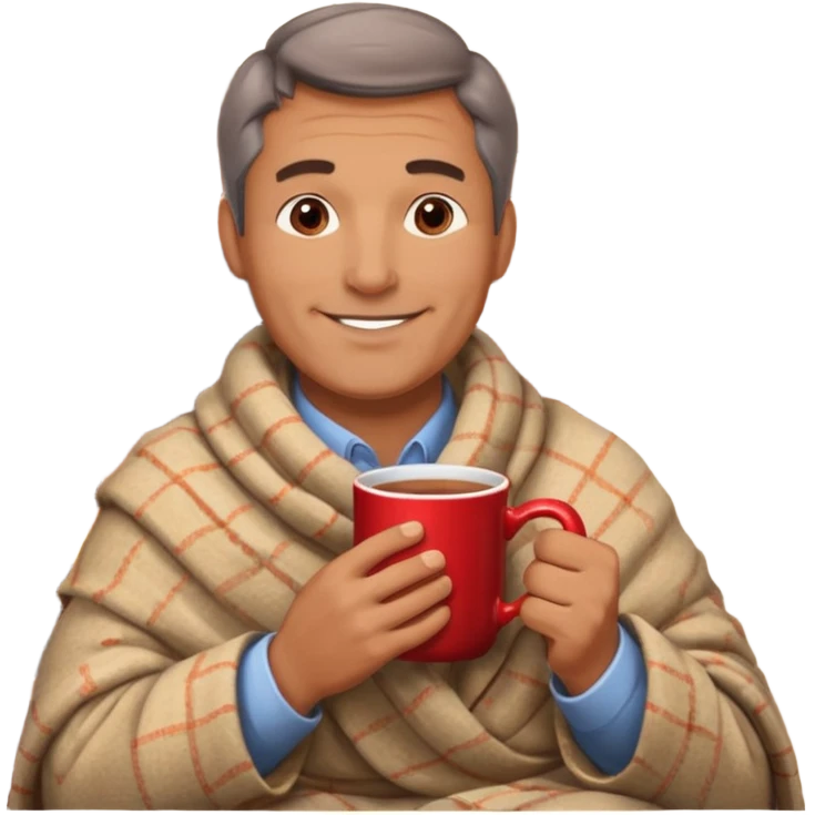 Cozy handsome middle aged man sitting next to a nice fireplace with a hot apple cider, blanket, and plate of chocolate cookies. emoji