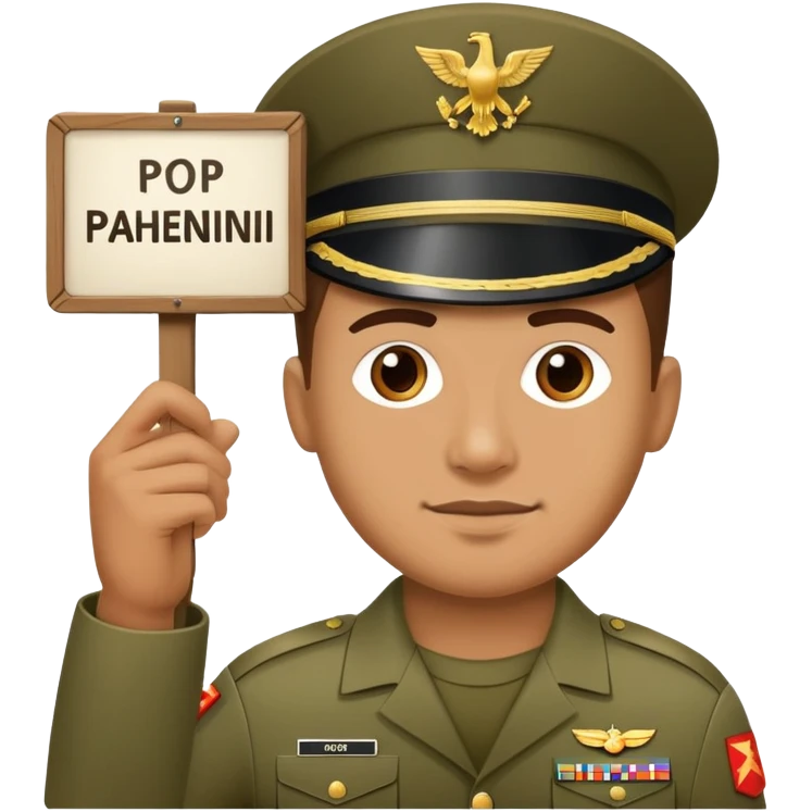 Military man with a sign in hands with text "ПОРАНЕНИЙ" emoji