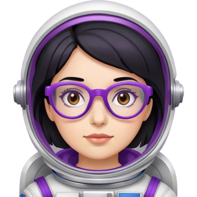 female astronaut with black hair brown eyes and purple glasses emoji
