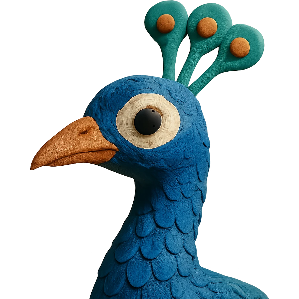 close-up of a peacock's head and neck, soft lighting, detailed feathers, claymation style emoji