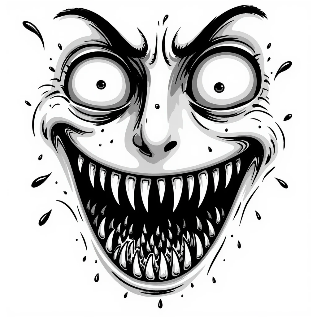 sketchy japanese horror manga style, extremely disturbing face with bulging eyes, split face revealing hundreds of tiny teeth inside, uncanny, creepy, Junji Ito inspired emoji