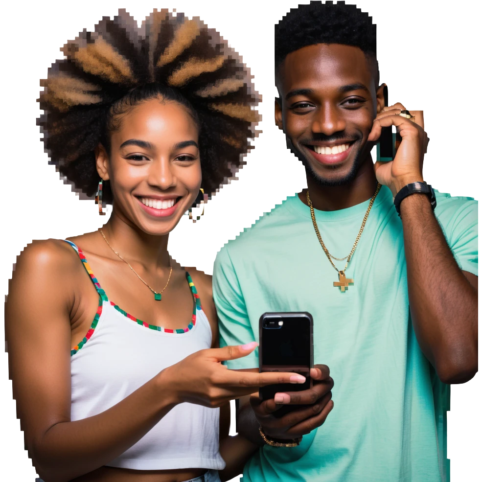 Afro-Caribbean woman smiling, holding iPhone, sending footage to a Black man with a skin fade, both smiling emoji