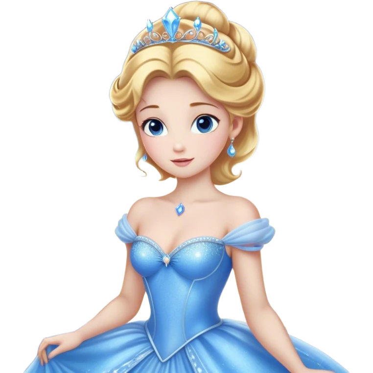 Cinematic Stunning Cinderella Portrait Emoji, Radiant in her sparkling blue ball gown, golden hair in a perfect updo, soft blue eyes full of wonder, glistening tiara, glowing with an ethereal beauty, regal yet kind, a dreamlike aura surrounds her, capturing the essence of a fairy tale princess, elegant and breathtaking! emoji