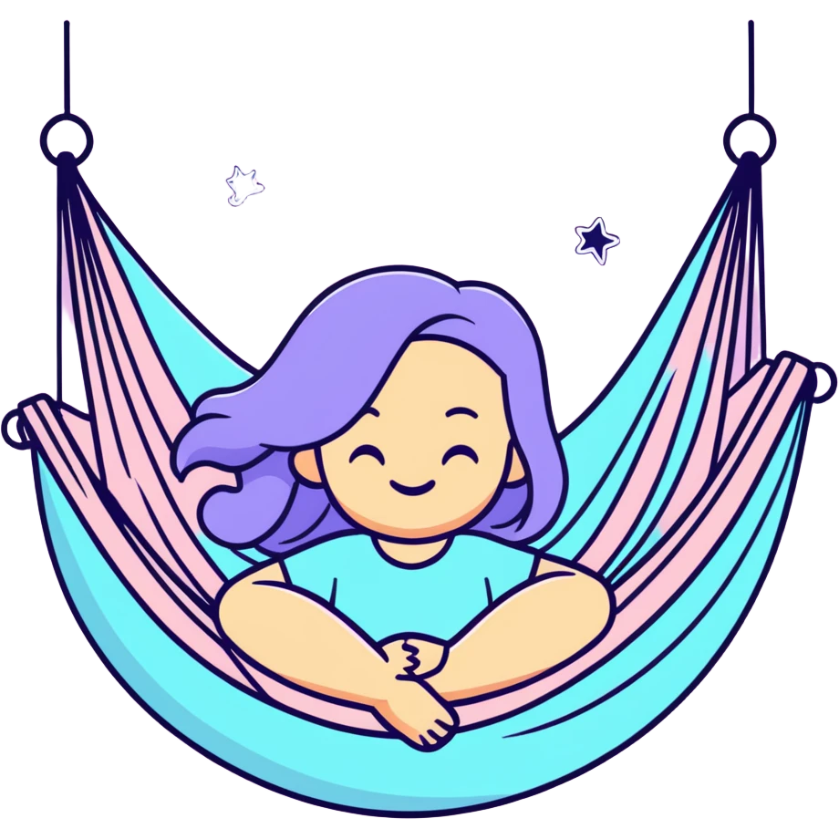 cartoon emoji of a sensitive girl with long hair, strong outline, expressive face, pastel tones, subtle Pisces accent, silly expression, hint of yoga hammock, stars, magical and light-hearted emoji