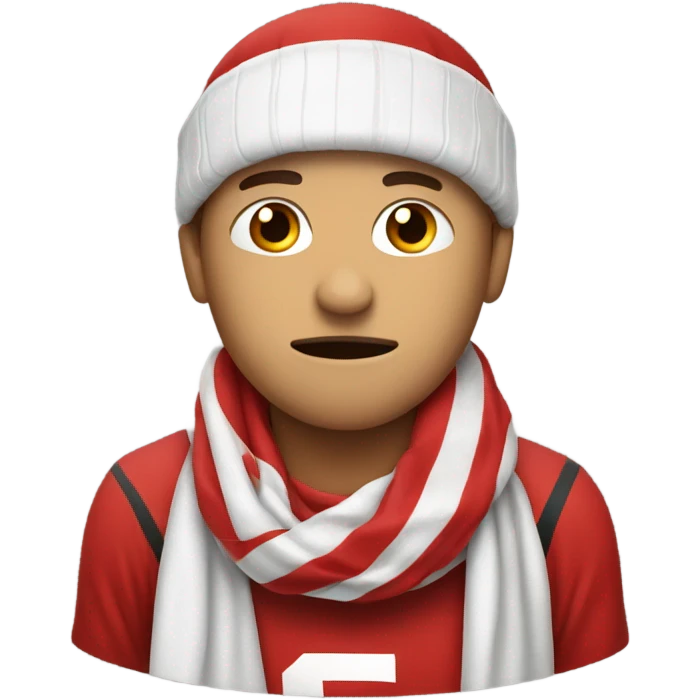 A sad football fan with a scarf in red and White.  emoji