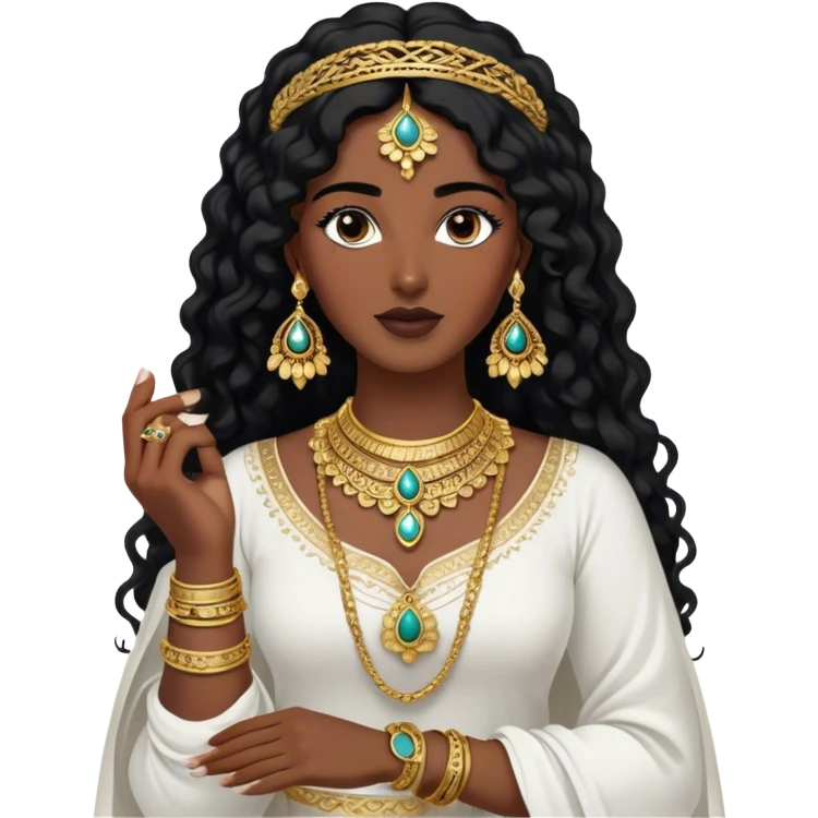 The Palestinian woman, she had long curly black hair and well defined eyebrows wears a white traditional dress. Her accessories steal the spotlight—intricately designed gold bangles, statement rings, and layered necklaces—each piece exuding heritage and craftsmanship.  emoji