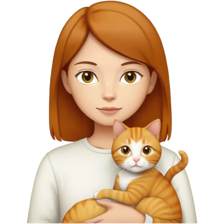 Straight short hair ear length in dark brown , skin tone honey . holding one ginger cat and one yellow white cat same size  emoji
