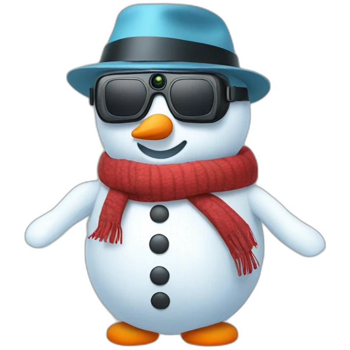 Cute snowman in vr headset, hat, scarf, full body emoji