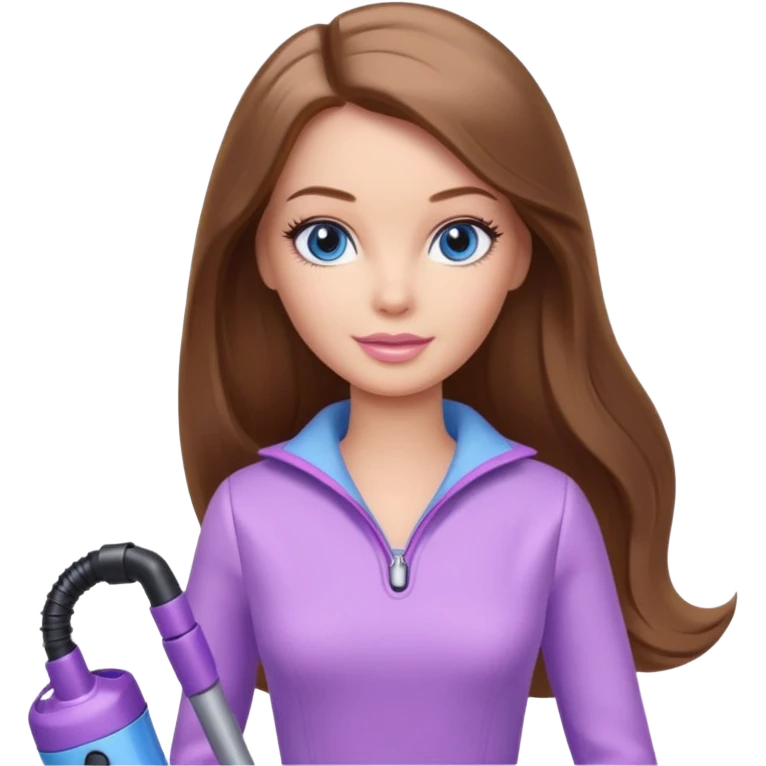 beautiful barbie girl with long brown hair, blue eyes and wearing light purple clothes, cleaning and vacuuming emoji