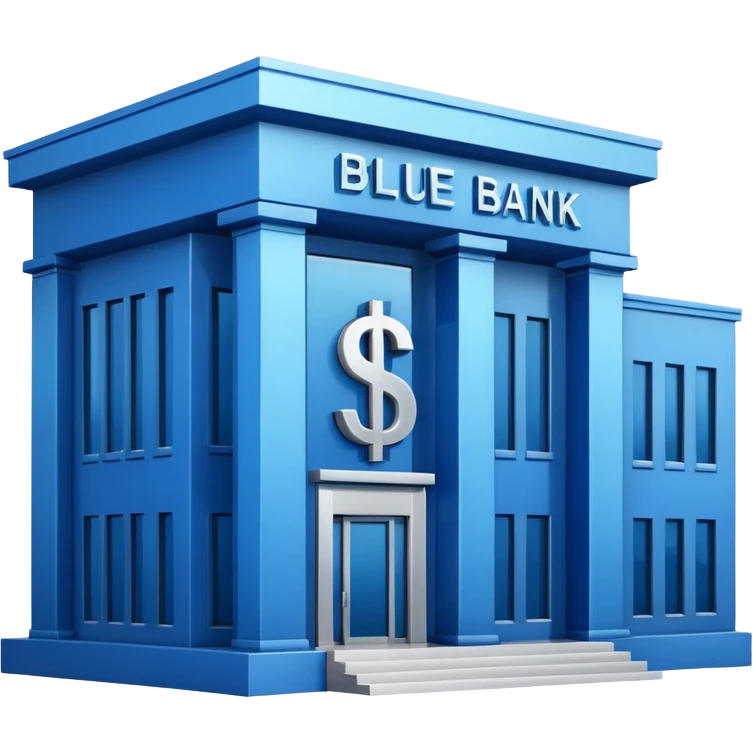 blue bank building with the $ symbol emoji