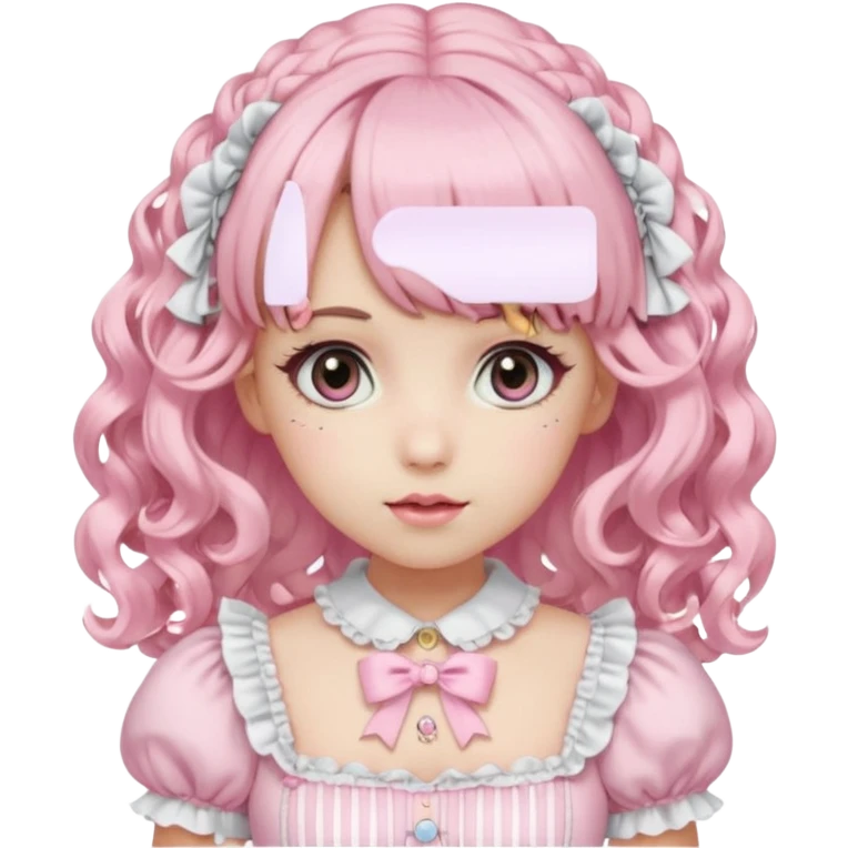 pale girl, curly blonde and pink hair, bangs, grey eyes, doll makeup, wearing a frilly light pink lolita hime gyaru dress, emoji style emoji
