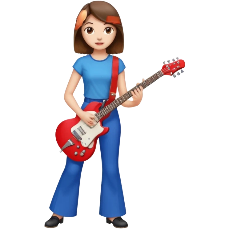 Girl with brown hair with blue flared pants and a red top planning on an red and white electric guitar vintage vibe emoji