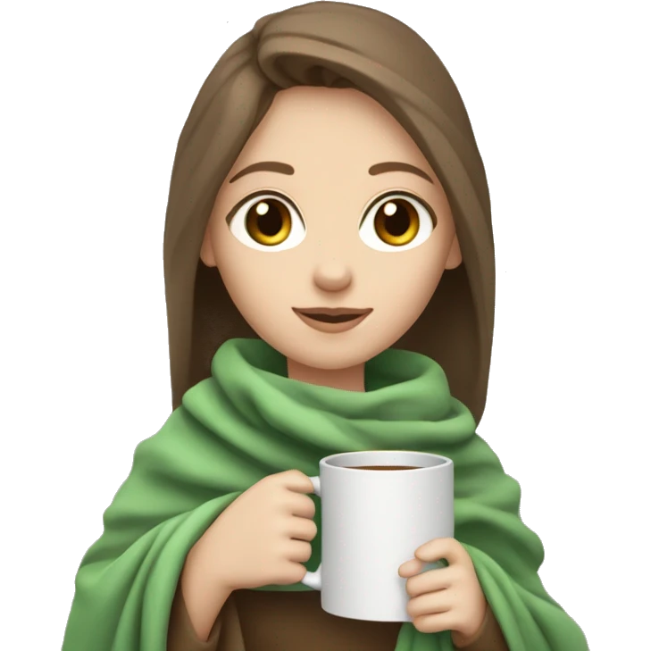 girl holding mug while wrapped in blanket green eyes brown hair pale skin emoji