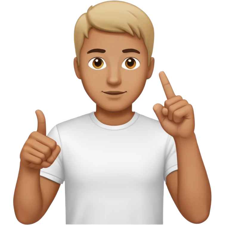 Man in white t-shirt shows attention with his finger emoji