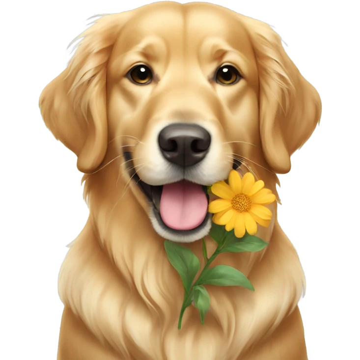 Golden retriever holding flowers in mouth emoji