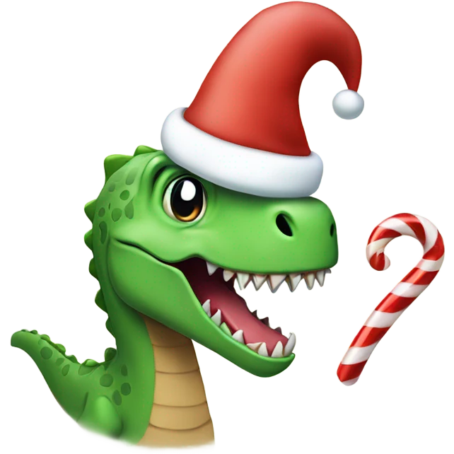 Happy dino with a Santa hat holding a candy cane  emoji