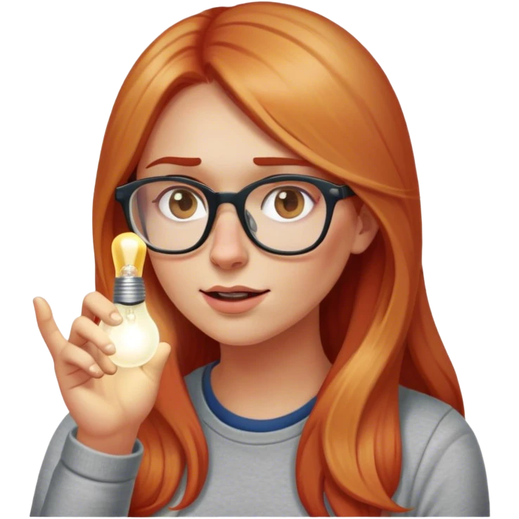 intelligent and clever, 30 year old, girl, long red and almost blond hair, glasses, has an idea, rubs her finger on the nose, light bulb over the head, casual cloth  emoji