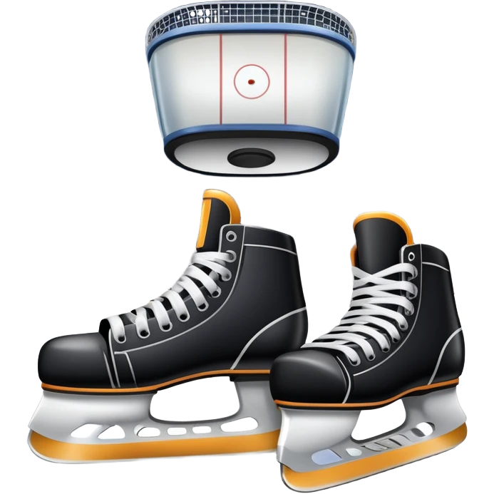Please, make An icon featuring The background shows a packed stadium with cheering fans, bright arena lights, and an icy rink and close-up shots of key hockey equipment: a hockey stick, puck, and skates. Transparent background highlights the essentials of the game and the thrill of the sport. emoji