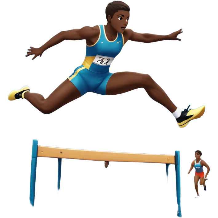 An icon of an athlete soaring over a hurdle, mid-jump, with a powerful form. The background features a vibrant stadium, with the track and hurdles in sharp focus, and a cheering crowd along the stands. The motion of the jump emphasizes speed and agility. Transparent background. emoji