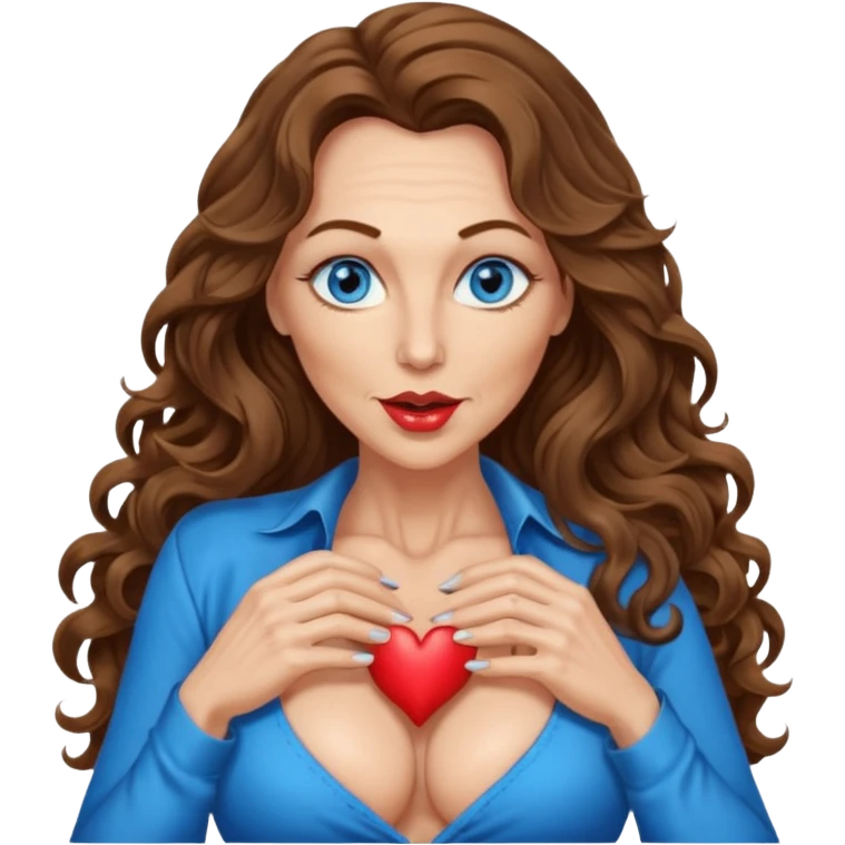 Extra Long wavy hair, brown hair, blue eyes Caucasian, age 50, sexy clothes boobies, kissing emoji