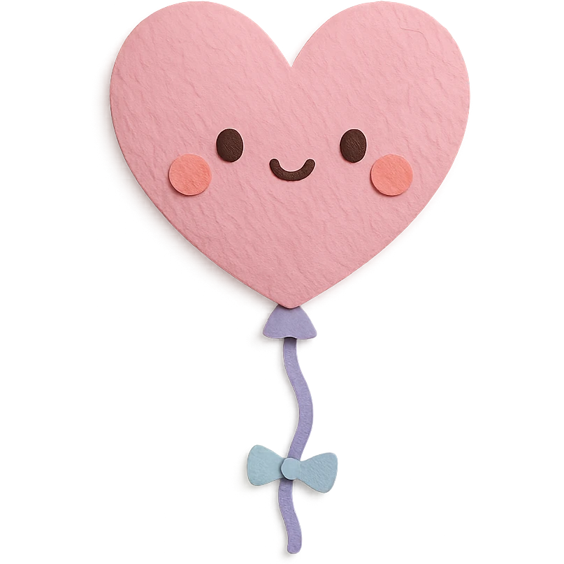 kawaii pink heart balloon, floating, tiny cute face, soft pastel colors, no limbs, full body, paper craft style emoji