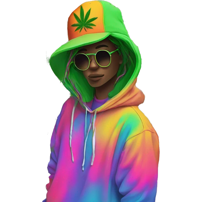 Hemp leaves Multicoloured neon person smoking wearing hoodie dancing hip hop bucket hat tropical Skater fashion aesthetic baggy clothes graphic t shirt 420 emoji