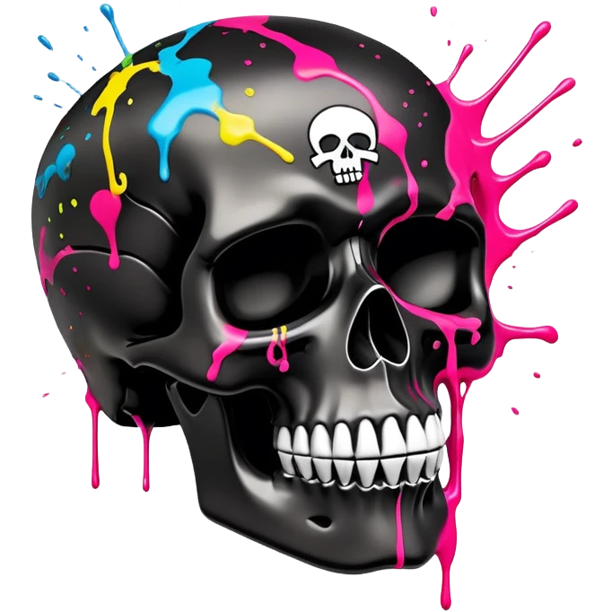 limited edition black skull with luxury haute couture logo patterns, perfectly contained neon paint splatters, museum-quality graffiti art detail, dramatic angle view emoji