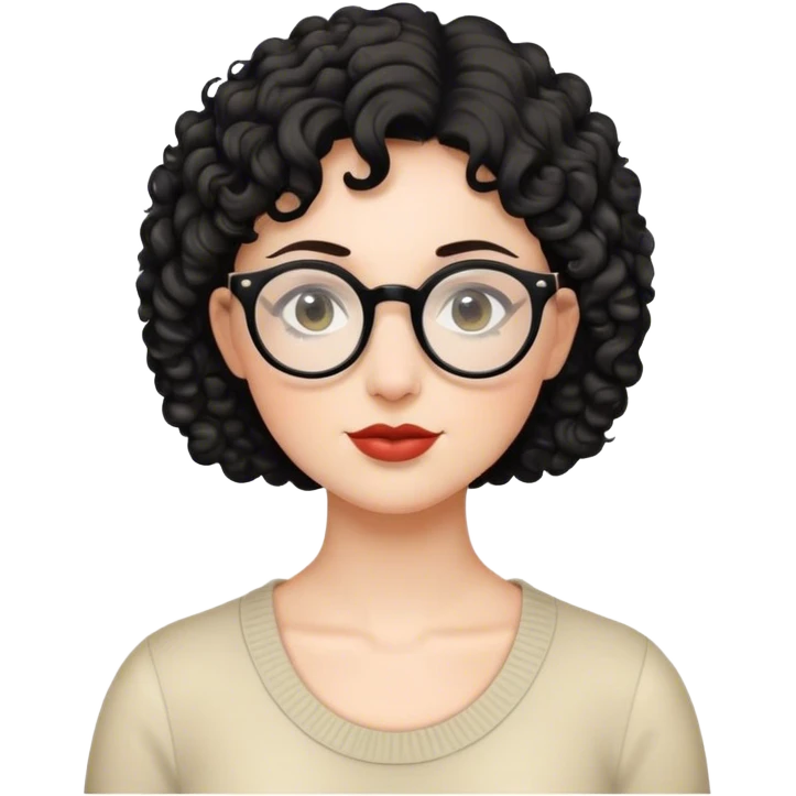 Mulher branca de cabelo curto preto cacheado e óculos redondo emoji