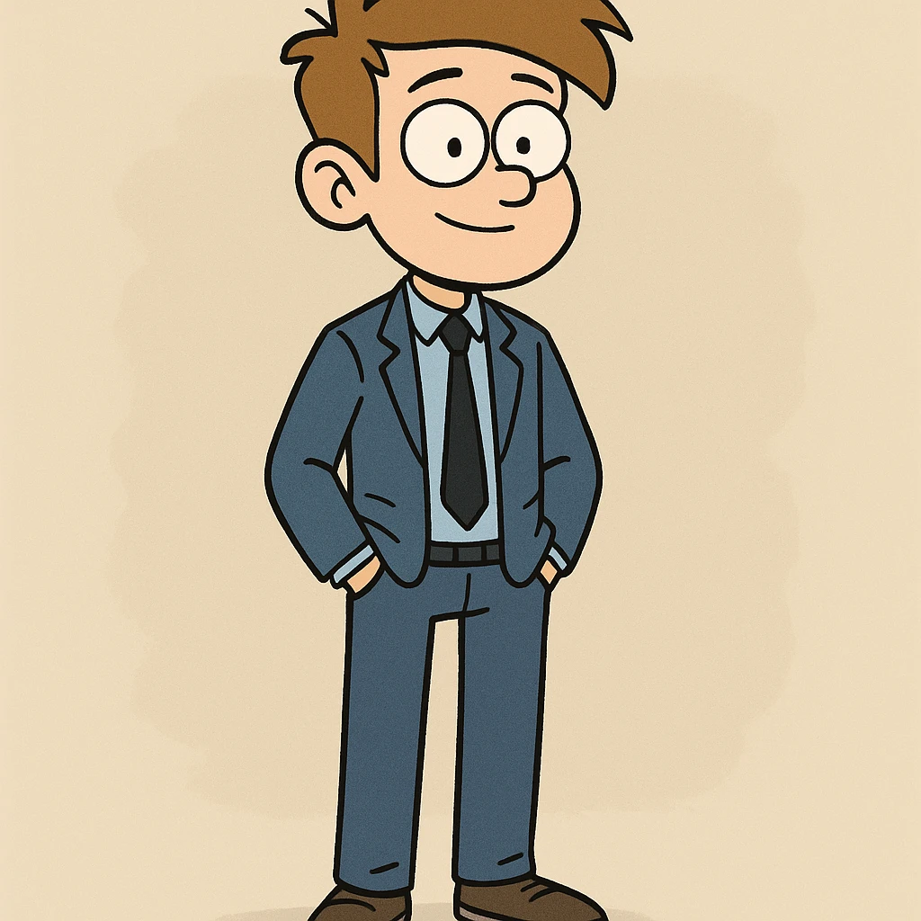 boy with blue and black suit, hands in pockets, modern look, cartoon style emoji