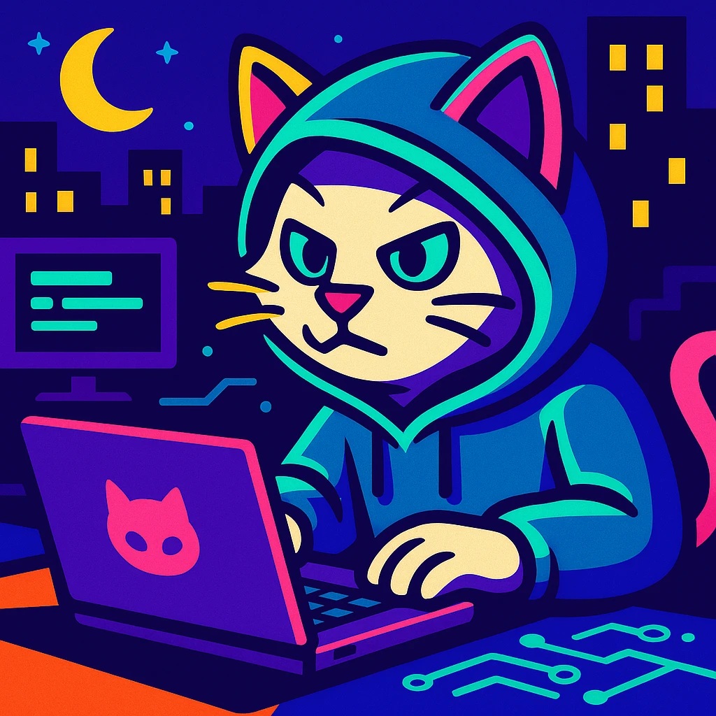 vibrant toon style white hacker cat with neon colors hacking at night emoji