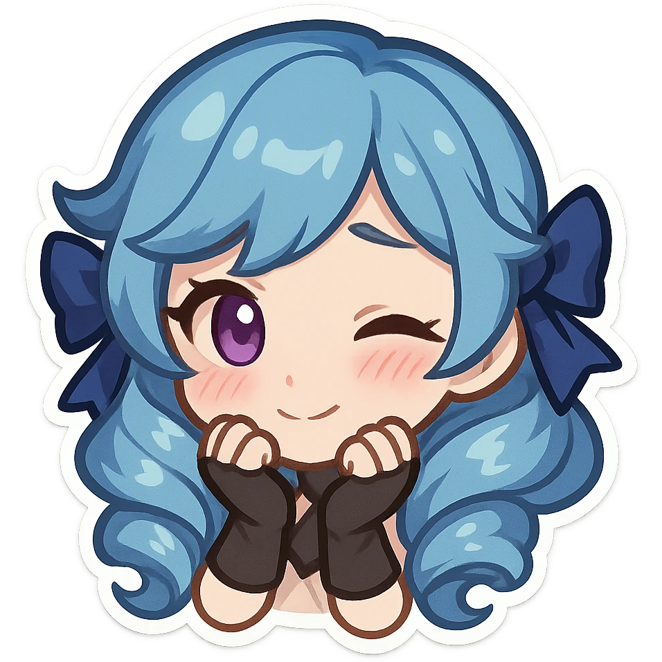 Gwen from League of Legends, chibi emote style, only head visible, right eye purple, shy expression, hands near face, cute and expressive emoji