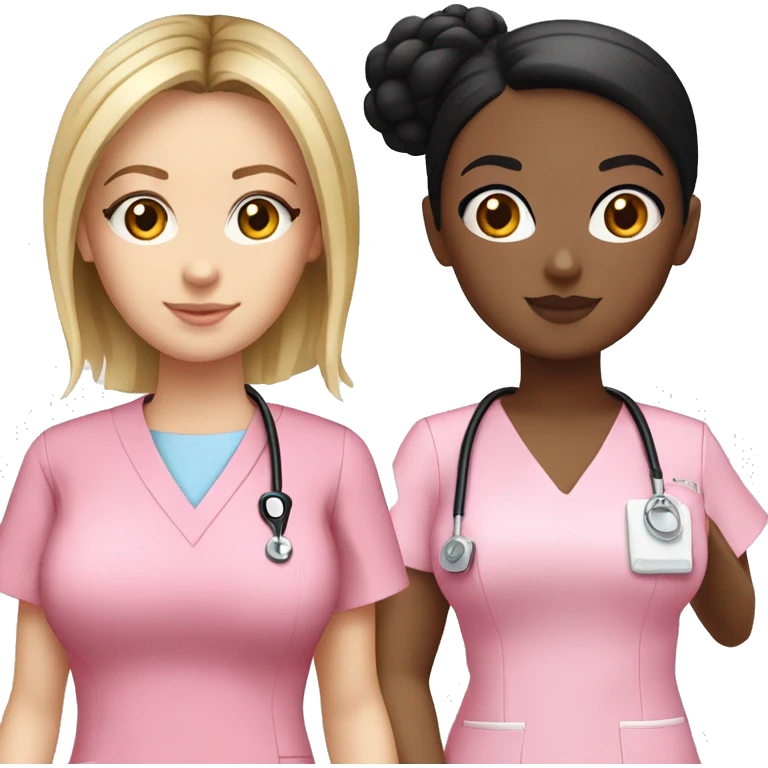 Nurse ,white girl, black hair in a bun,pink scrubs ,Louis Vuitton bag  emoji