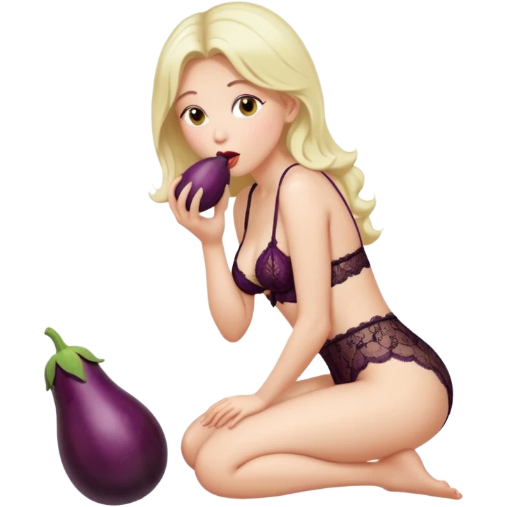 lady in lace lingerie on knees and kissing eggplant in her mouth from the side emoji
