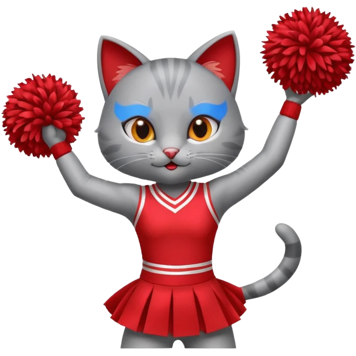 A cute sleek grey cat cheerleader twirling pom-poms with confident energy. emoji