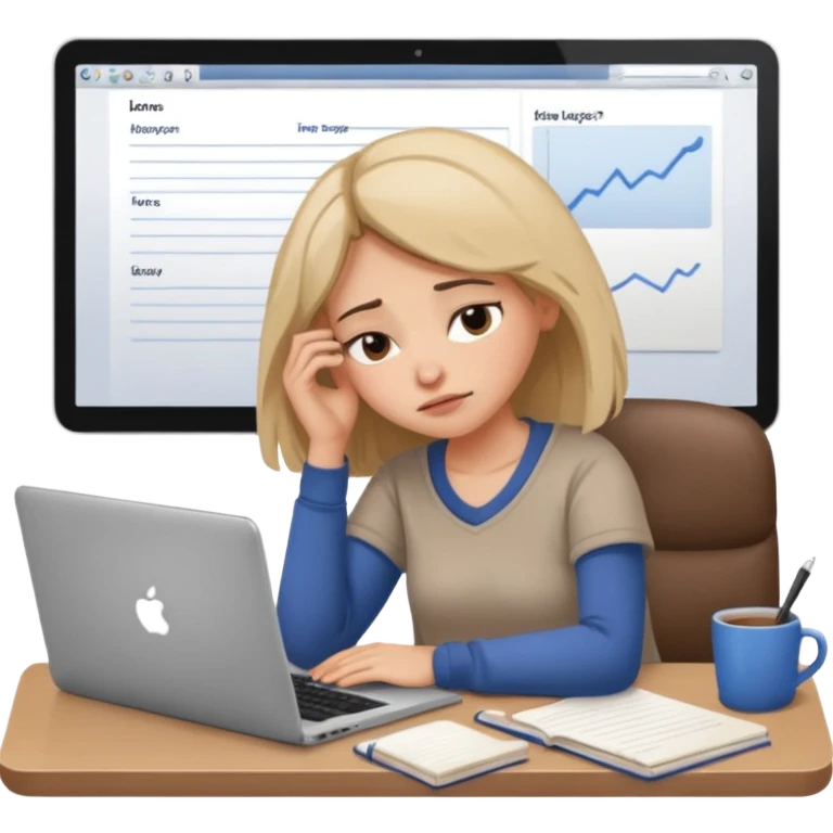 female tired blogger with a laptop, head resting on hand, sleepy expression, open notebook, cozy workspace emoji