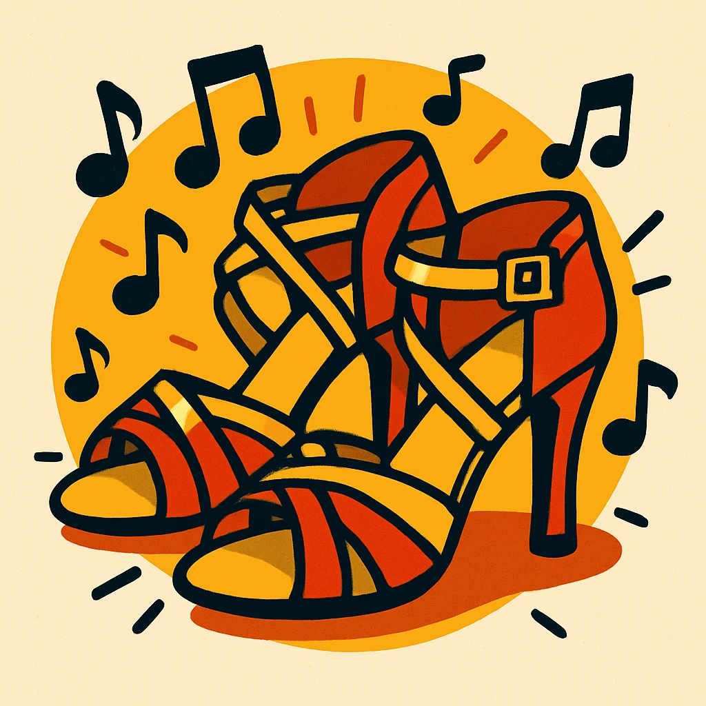 salsa dance shoes, red and gold, with musical notes, lively style emoji