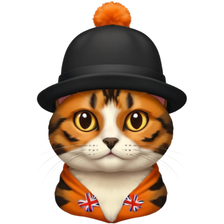tortoiseshell cat with a british hat. mostly black and brown emoji