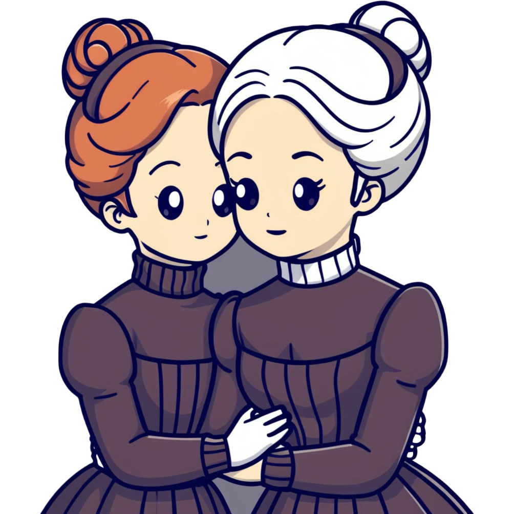 Two Victorian women in a sad intimate hug, one with white coiffed hair and one with copper coiffed hair, both with grey eyes, wearing Victorian turtleneck dresses emoji