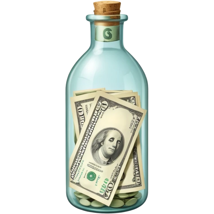 a bottle glass that contains dollars inside and it's labeled savings emoji