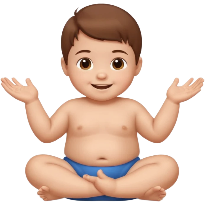 A smiling baby boy with brown hair, sitting down, moving its arms and hands. emoji