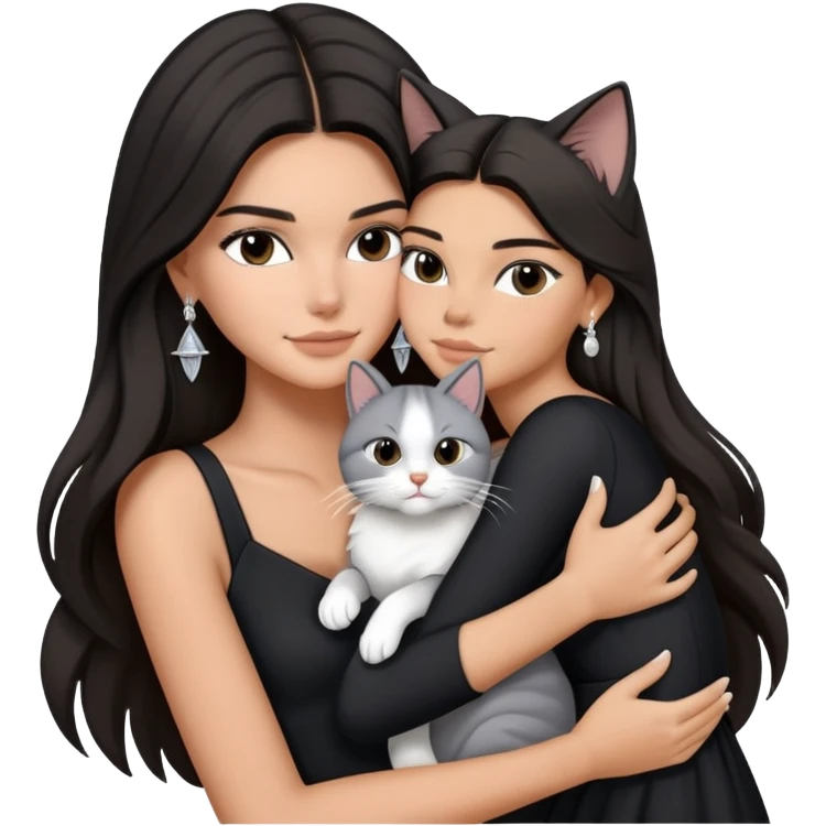 Kendall Jenner long hair with black dress and earrings hug one grey white cat emoji