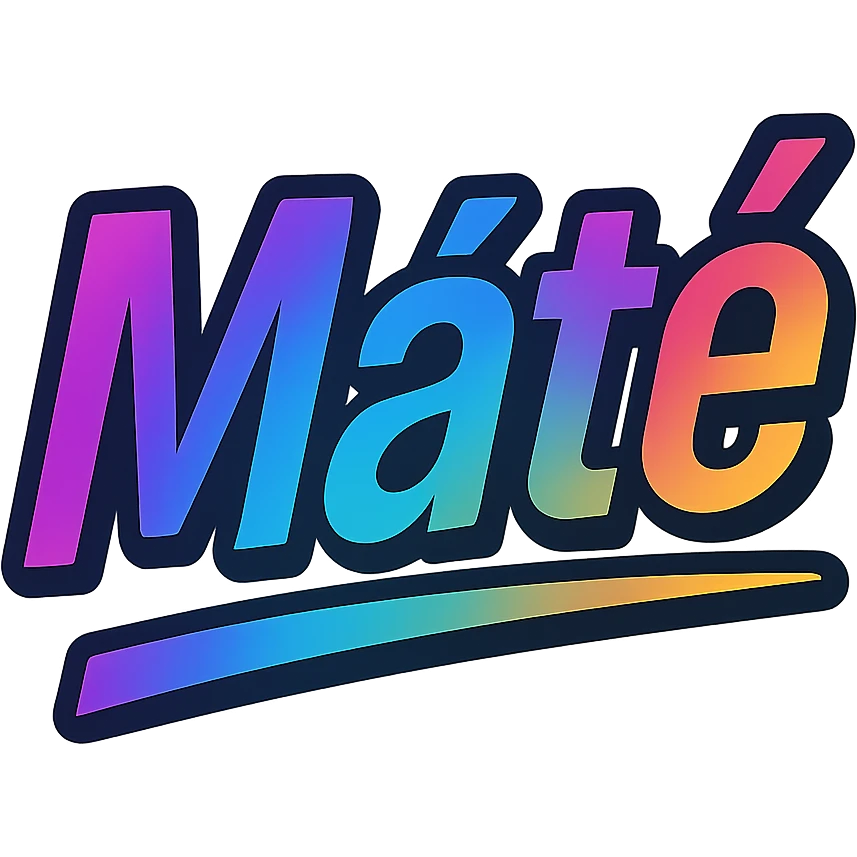 The name 'Máté' in a modern, colorful gradient font with a dark outline, on a transparent background, with the name underlined or partially underlined dynamically with a slanted underline, in the style of the sample images. emoji