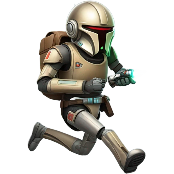 smiling bounty hunter protocol droid wearing backpack, saddlebags and light saber ready to fight running emoji
